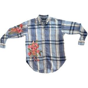 Lauren Ralph Lauren Blouse Top 100% Linen Blue Plaid Tunic Floral Women's Small